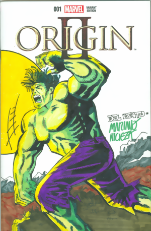 Marvel Comics Blank Variant Connecting Commissioned Cover Art signed and remarked by Mariano Nicieza & Joe Del Beato with a Incredible Hulk # 181 Homage Sketch